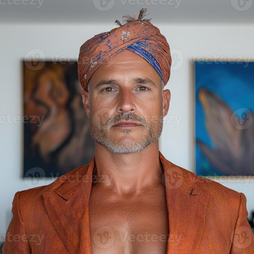 Handsome man in turban and orange jacket photo