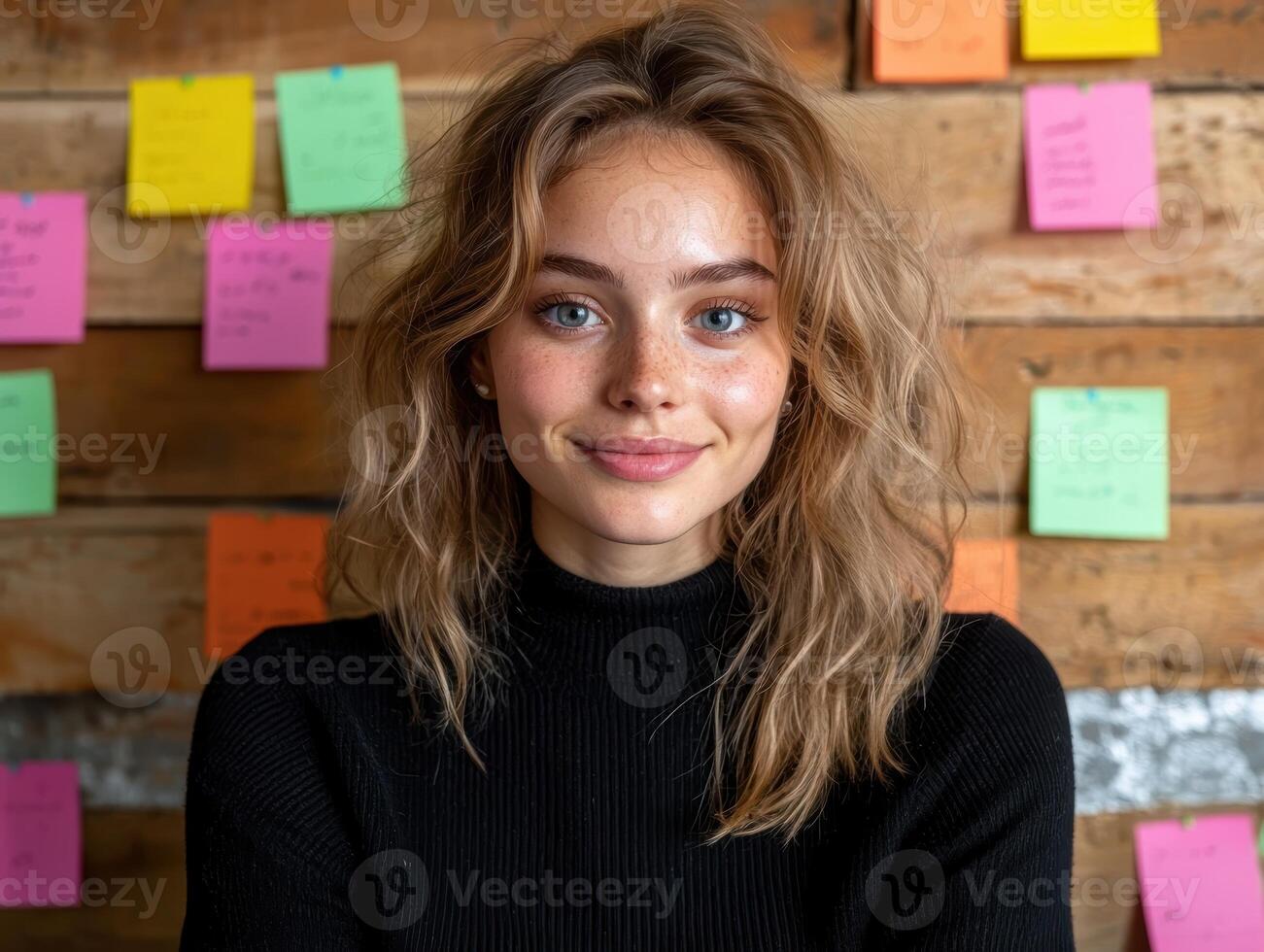Portrait of a young woman with freckles and wavy hair, smiling at the camera photo