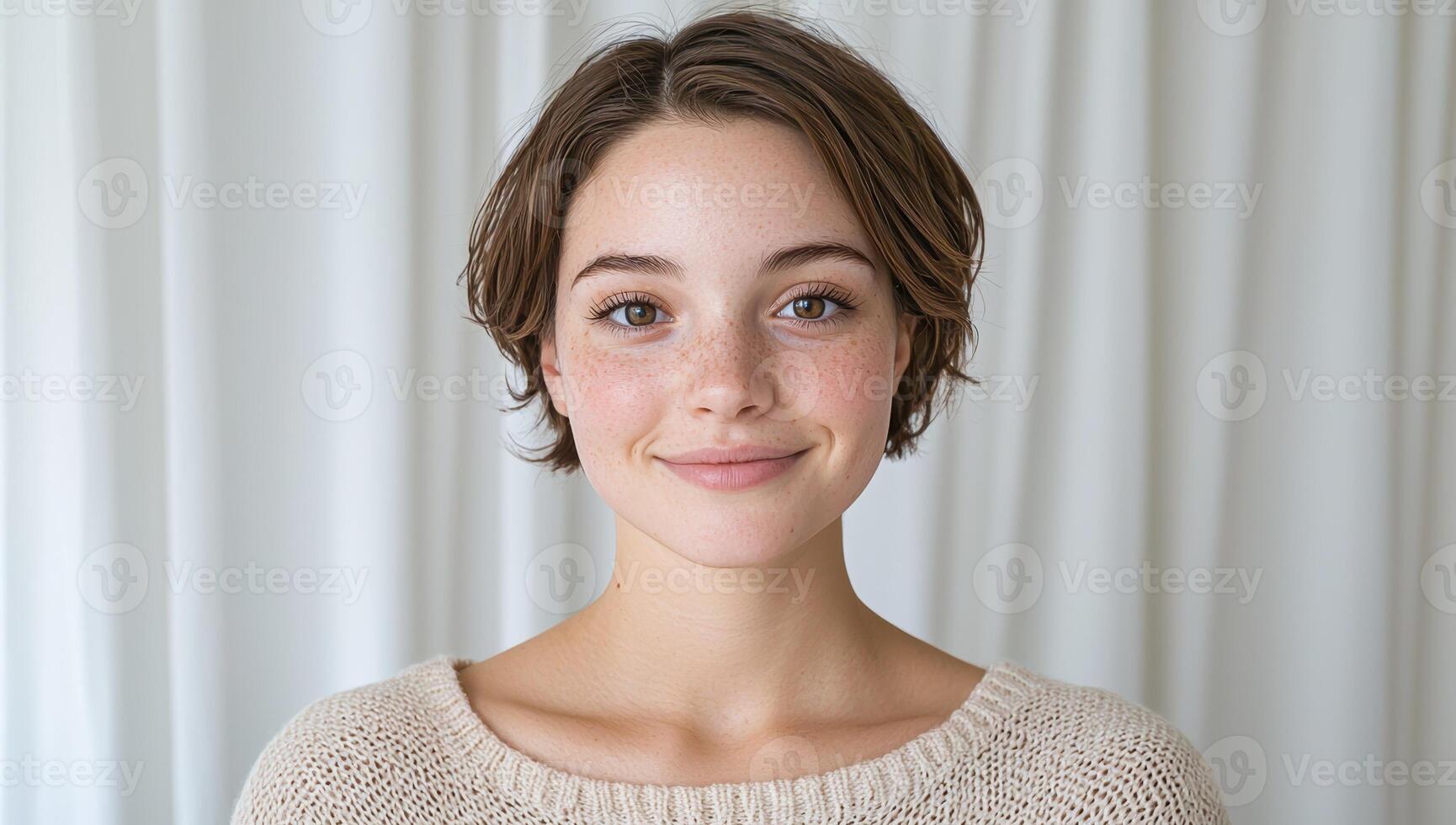 Portrait of a young woman with freckles smiling at the camera photo