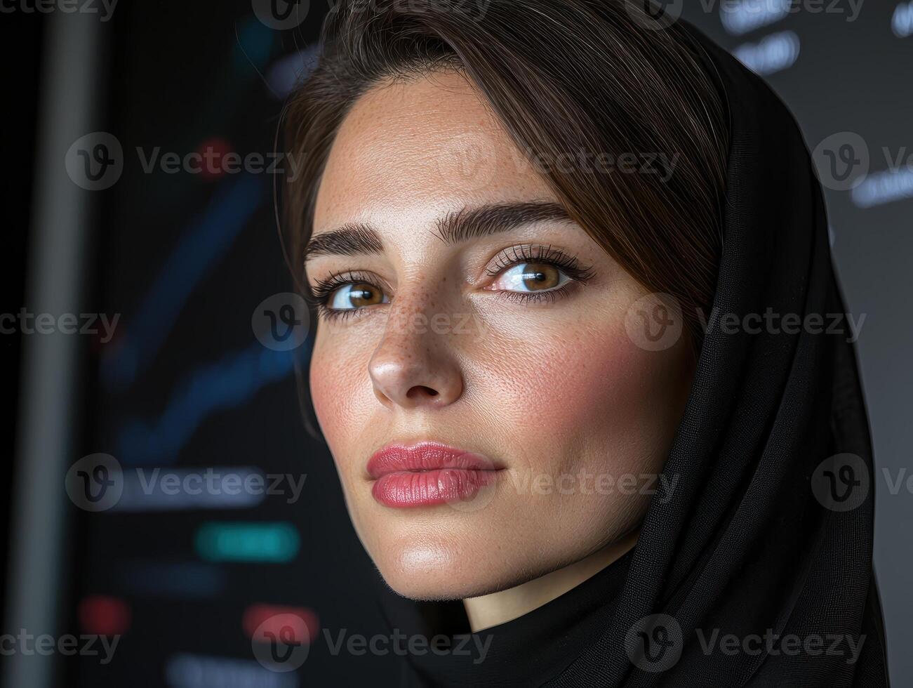 Close up portrait of a woman wearing a hijab, looking directly at the camera photo