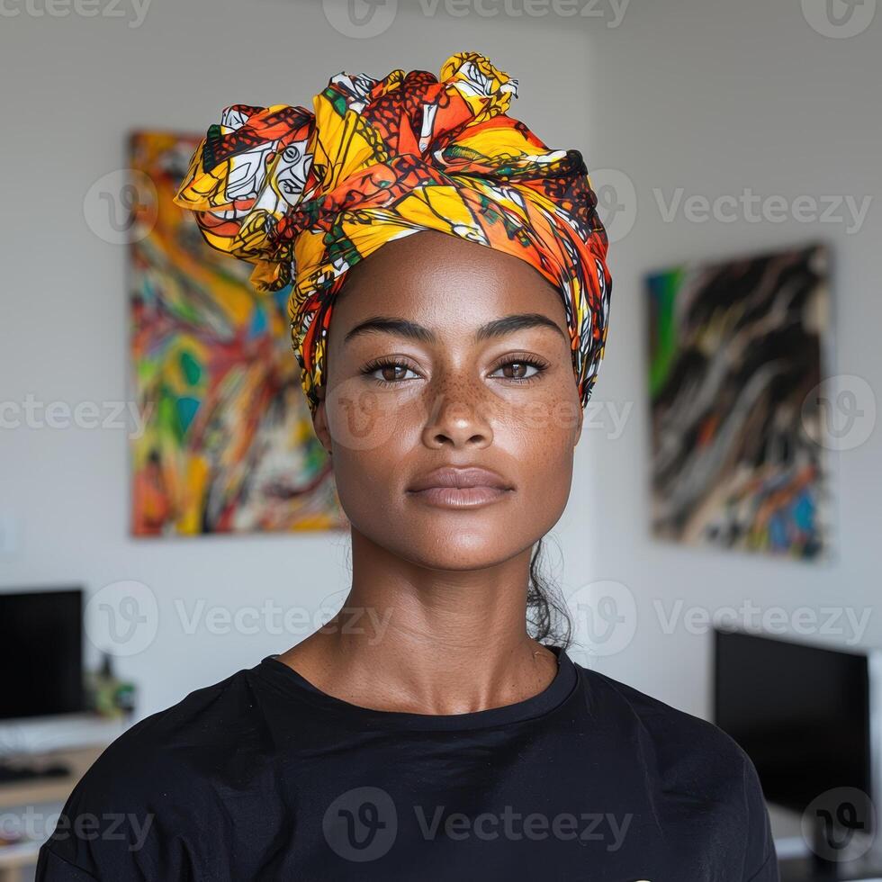 Confident woman with patterned head wrap looking at the camera photo