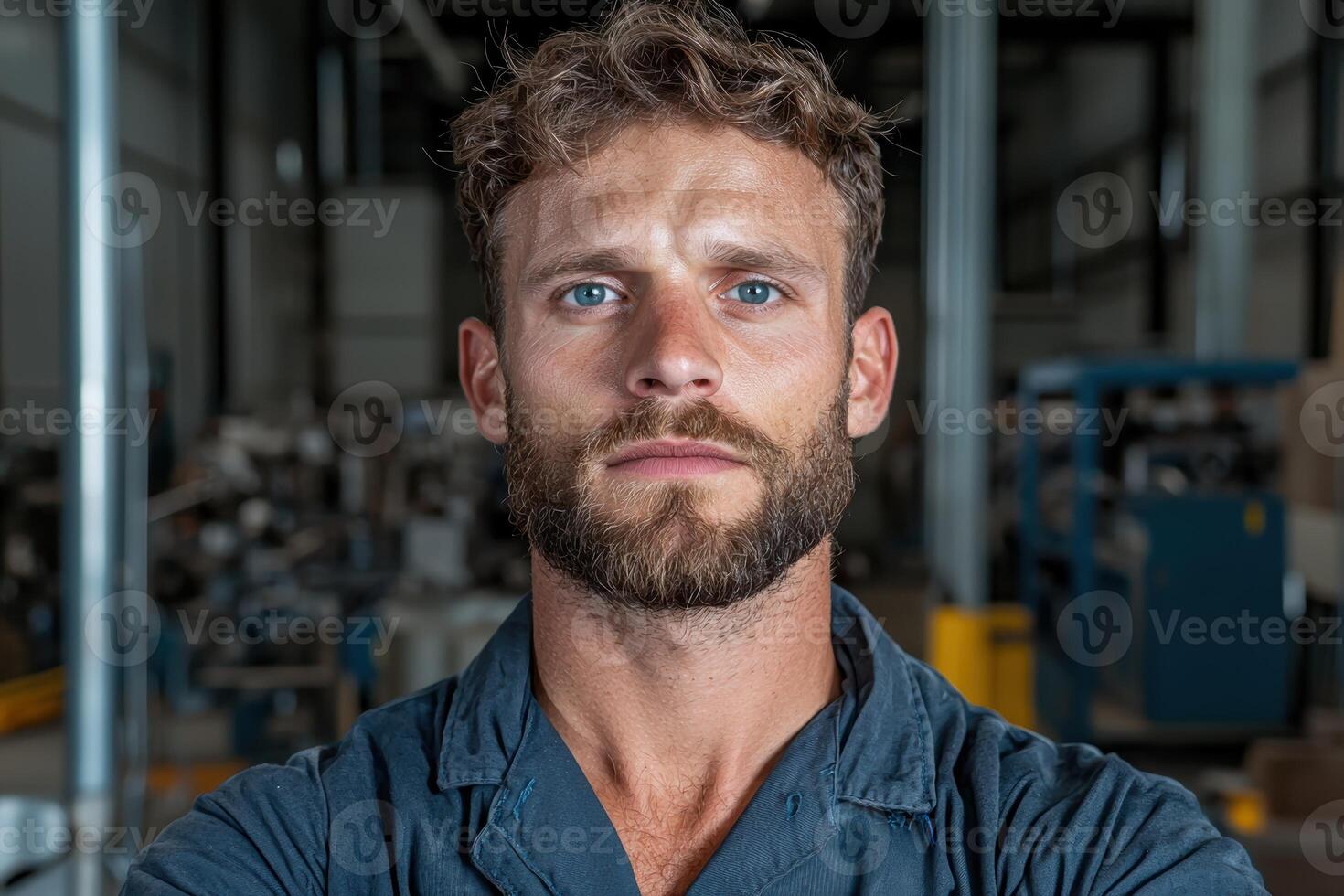 Portrait of a serious looking man in a factory setting photo