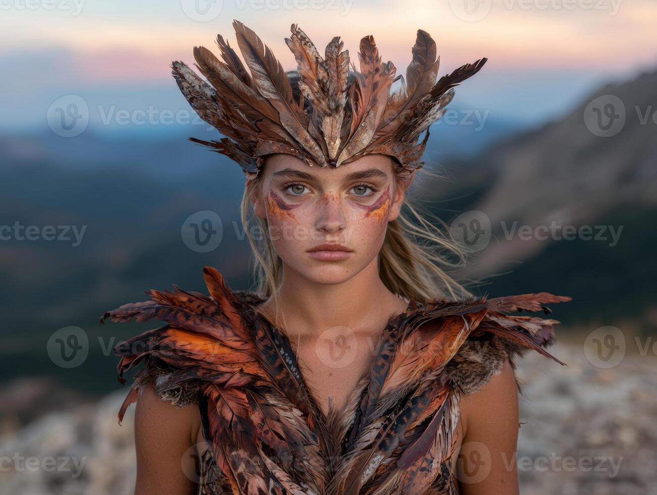 Portrait of a young woman in a feather headdress and vest, outdoors at sunset photo