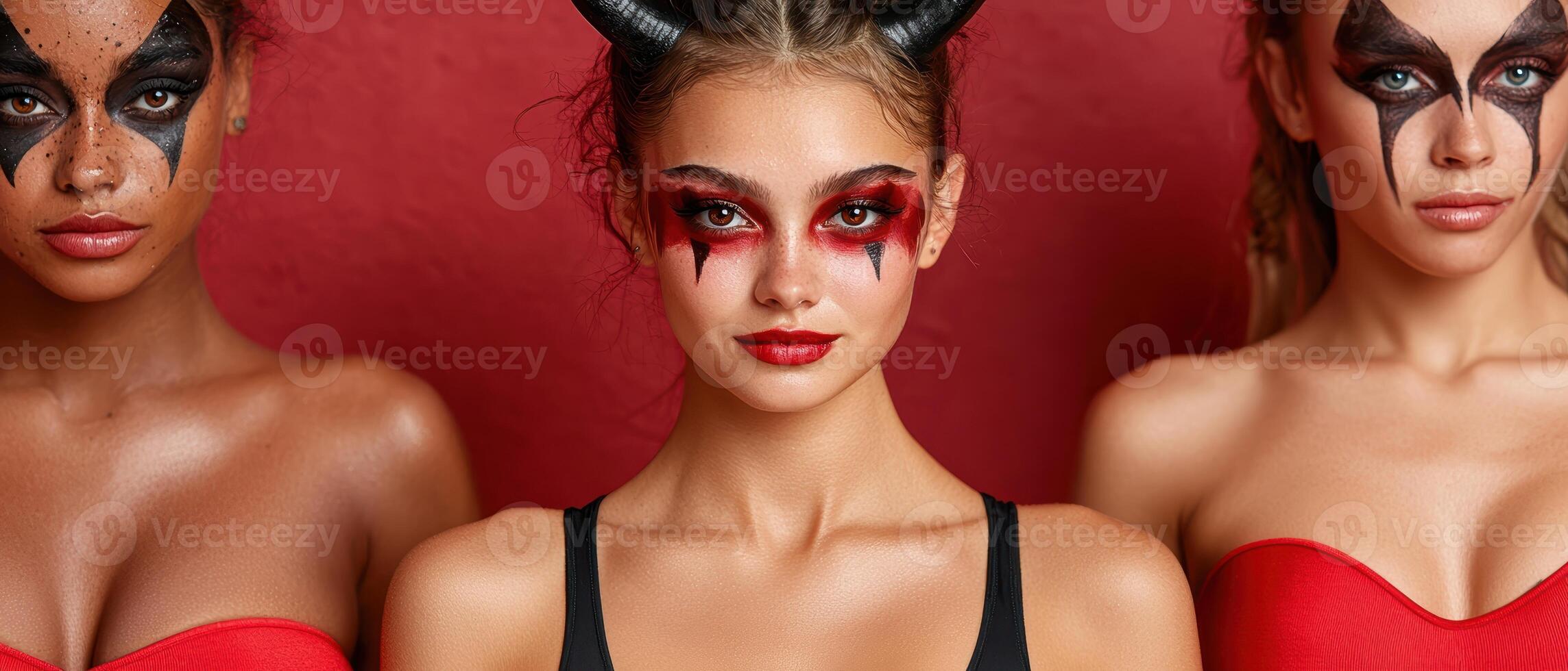 Three women with devil horns and red and black face paint photo
