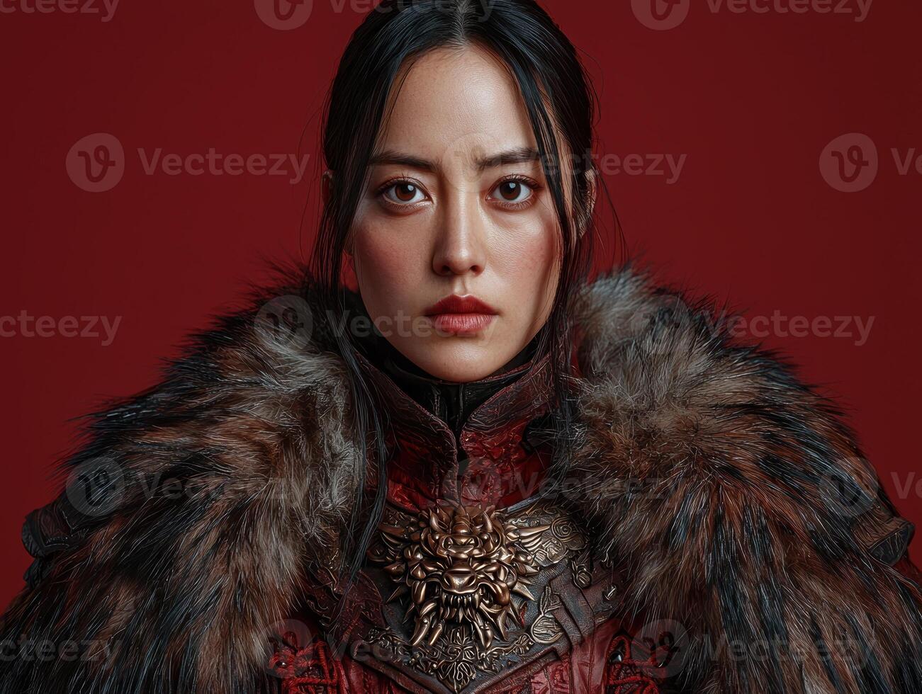 Portrait of a warrior woman in red armor and fur cloak photo