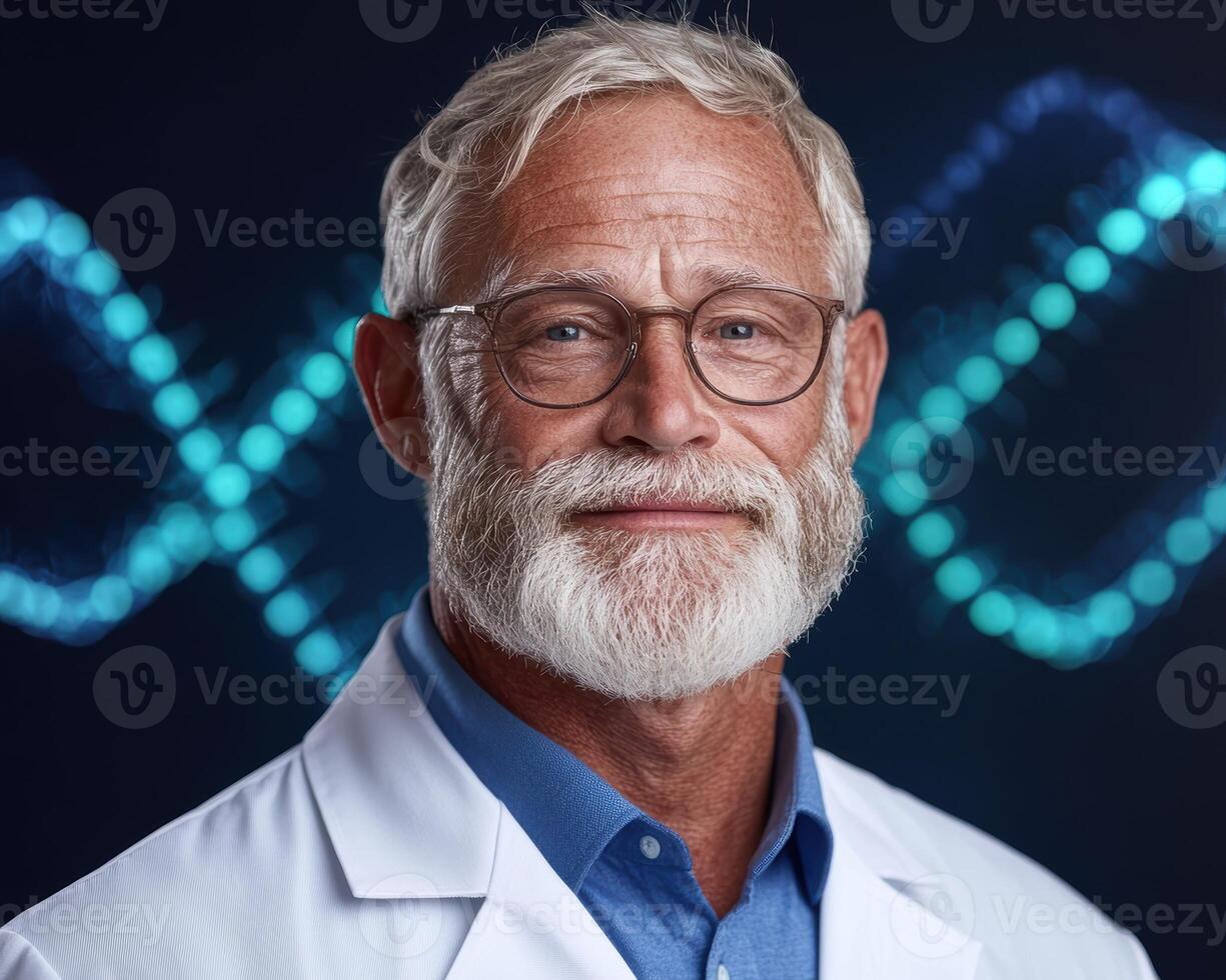 Portrait of a smiling senior scientist in a lab coat photo