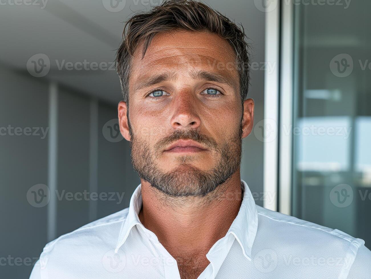 Portrait of a handsome man with blue eyes, serious expression, wearing a white shirt photo