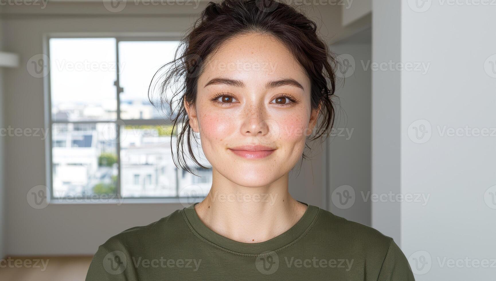 Portrait of a young woman with freckles and dimples smiling at the camera photo