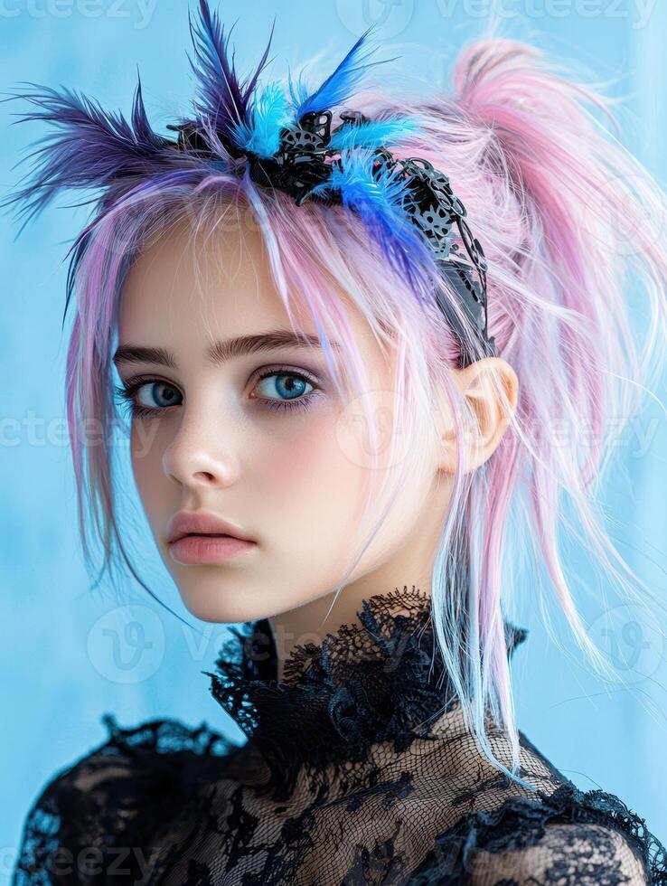 Close up portrait of a young woman with pastel pink and blue hair, wearing a black lace top and feather headdress photo