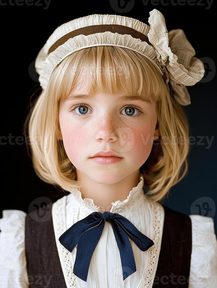 Adorable little girl with blonde hair and blue eyes wearing a white dress and hat photo