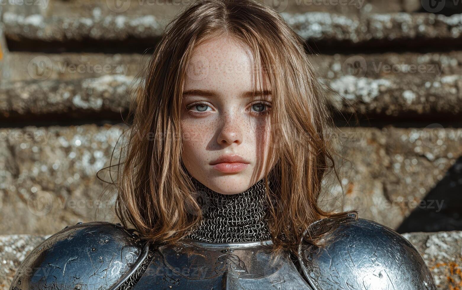 Young woman in medieval knight armor photo