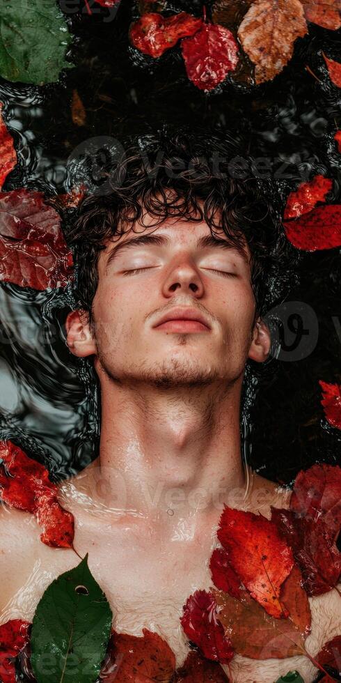 Man submerged in water with autumn leaves photo
