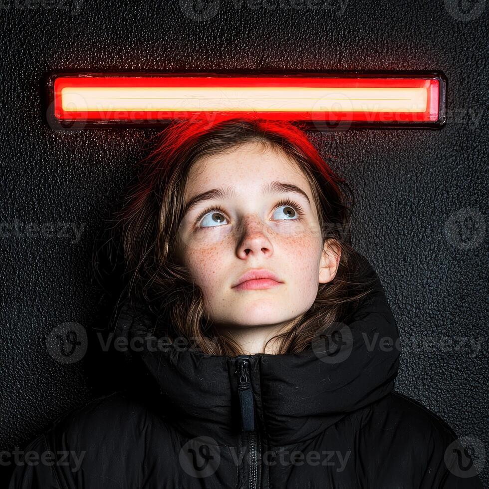 Teenage girl looking up at a red neon light photo
