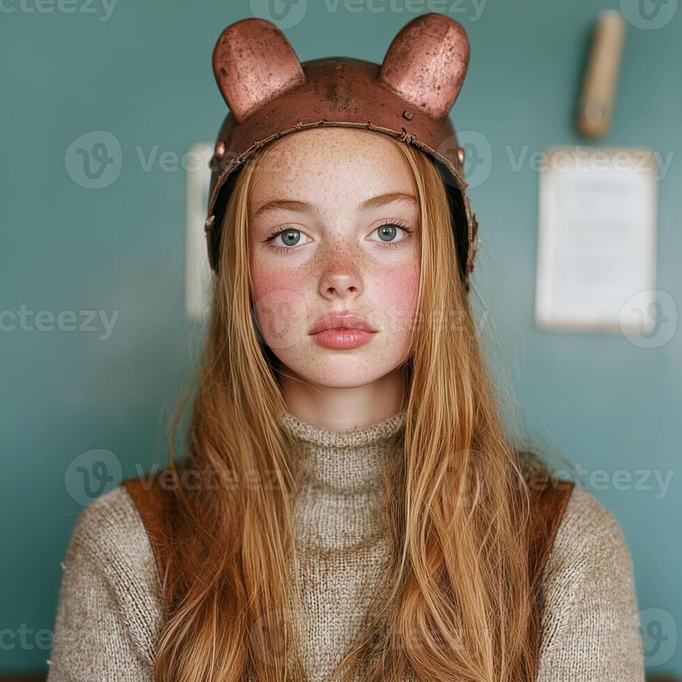 Portrait of a young girl wearing a copper helmet with ears photo