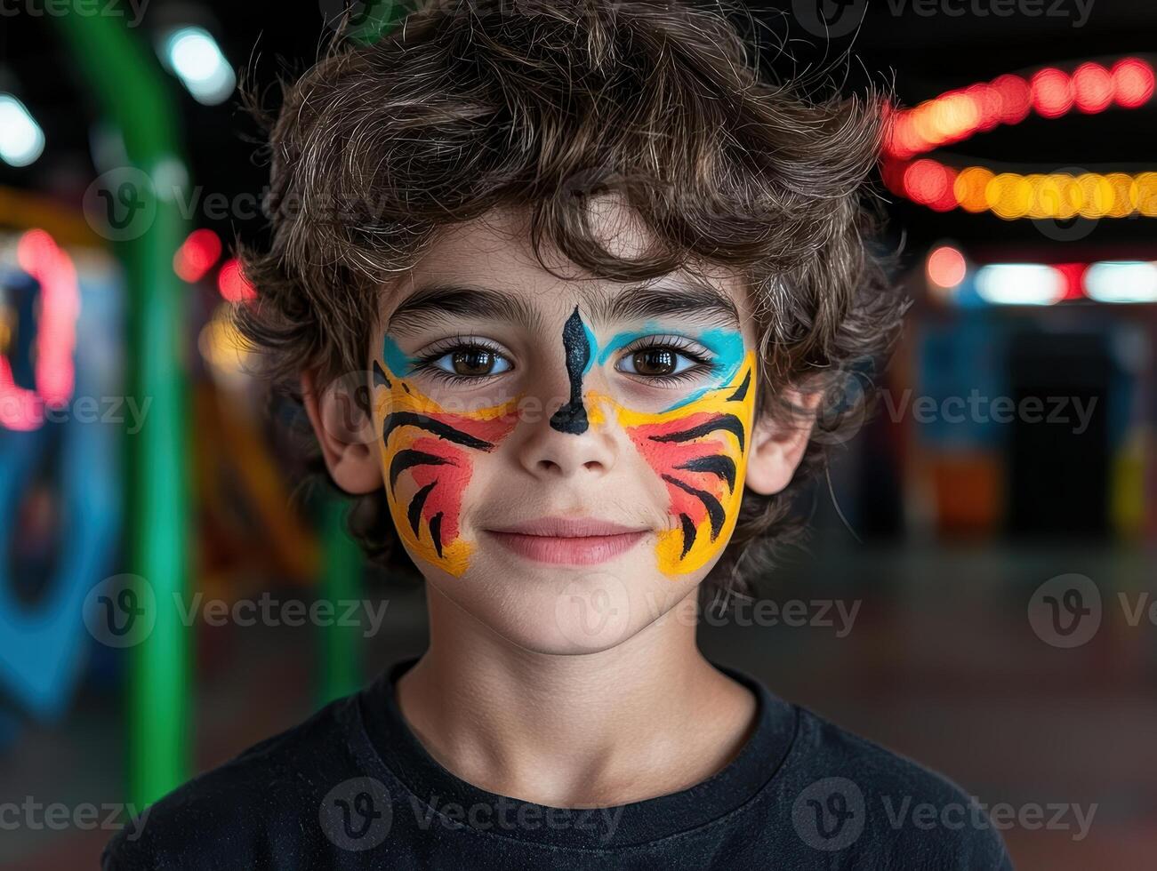 Close up portrait of a child with colorful face paint resembling a butterfly photo