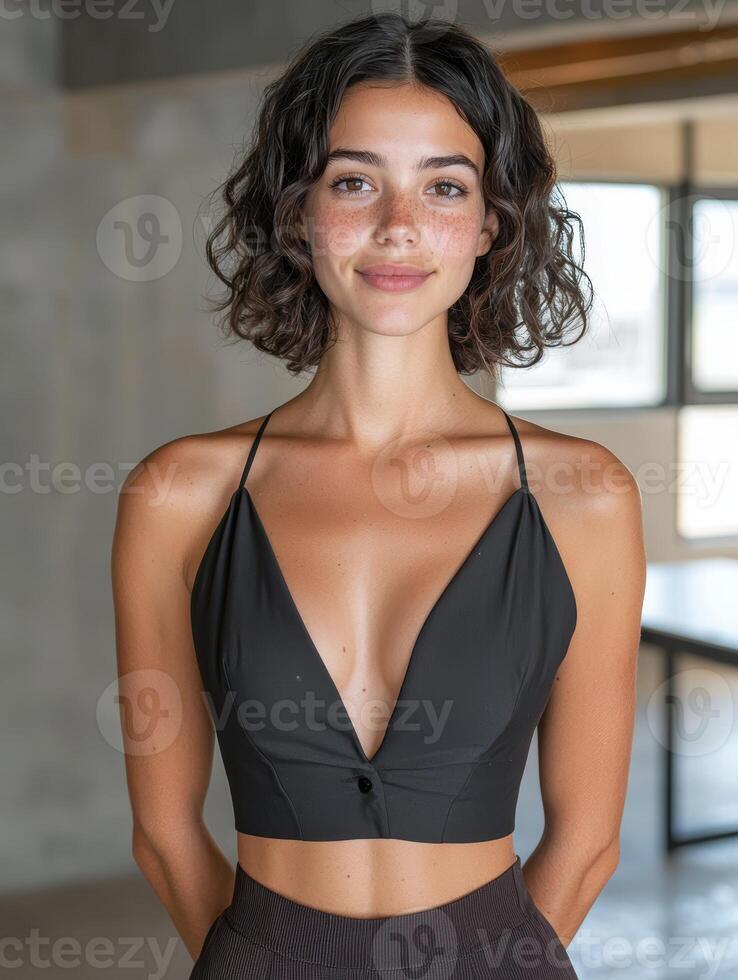 Portrait of a young woman with freckles and curly hair, wearing a black crop top photo