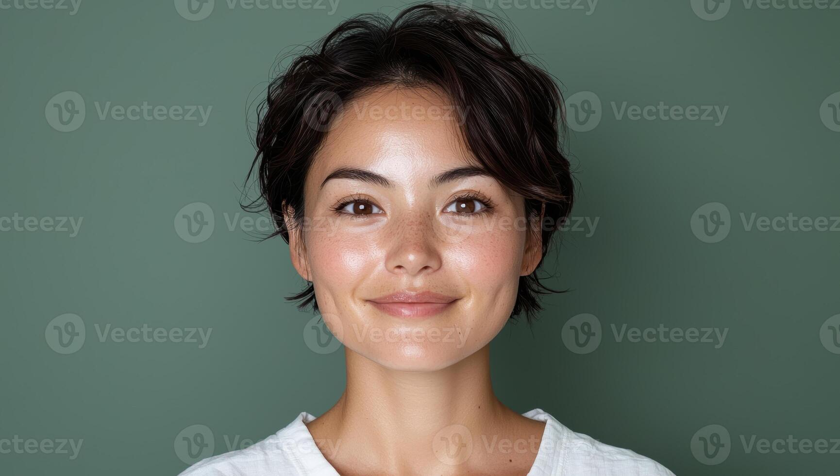 Portrait of a young woman with short hair and freckles smiling at the camera photo