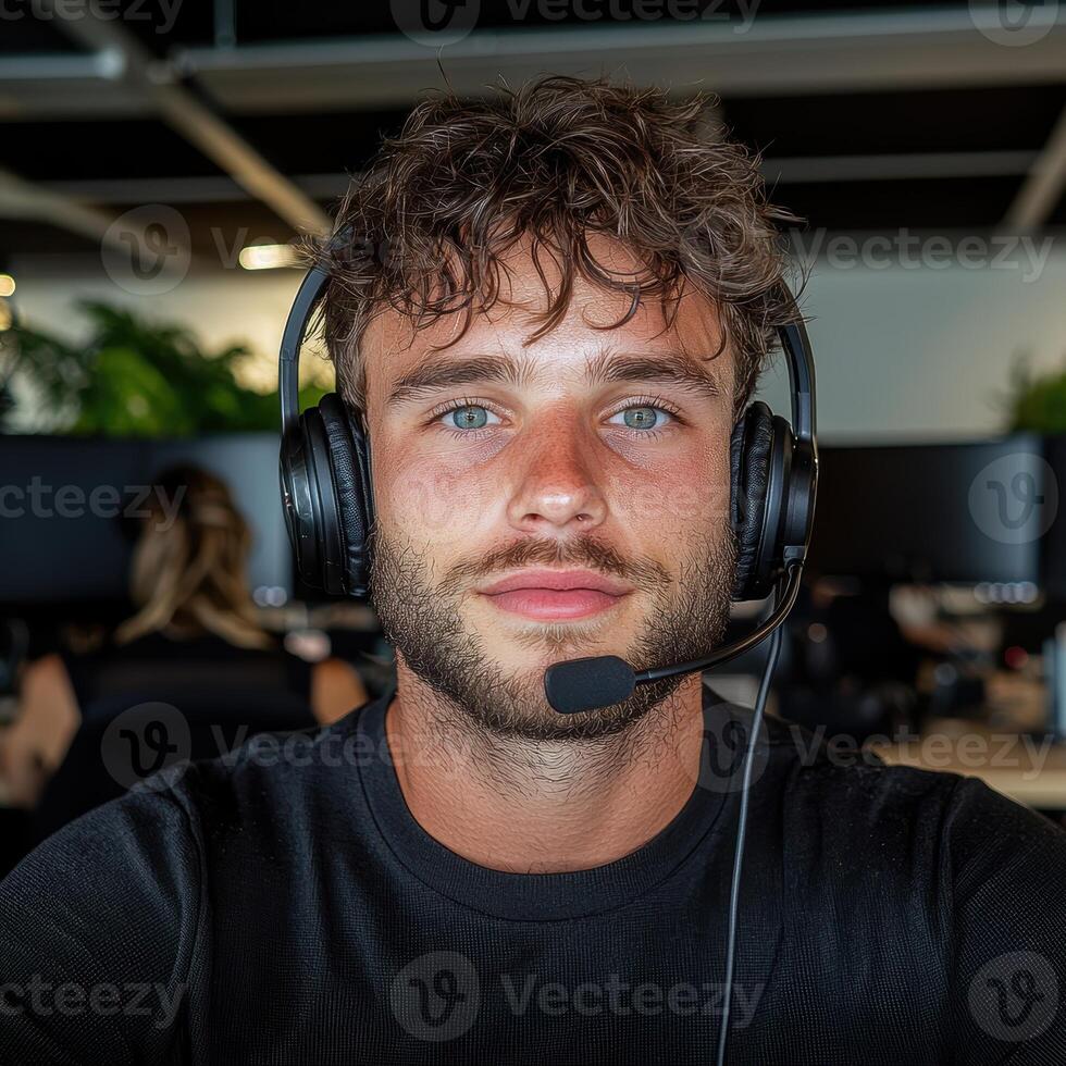 Portrait of a young man wearing a headset in an office setting photo