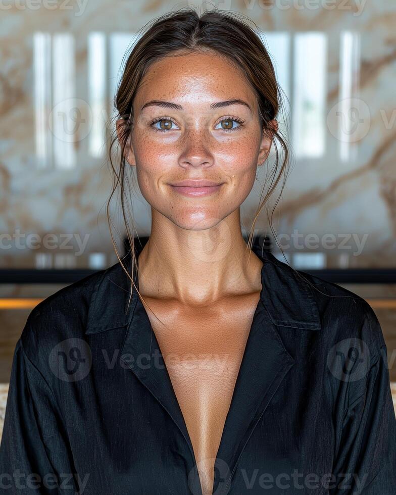 Portrait of a young woman with freckles, smiling gently at the camera photo