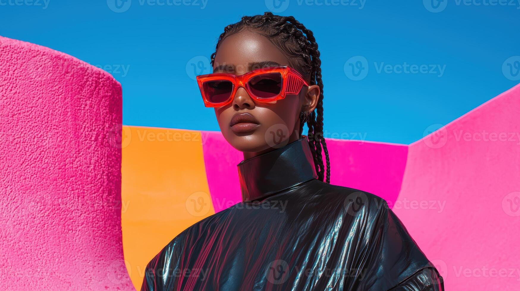 Stylish young woman in sunglasses posing against a colorful background photo