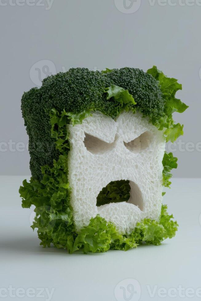 Angry face made of broccoli and lettuce photo