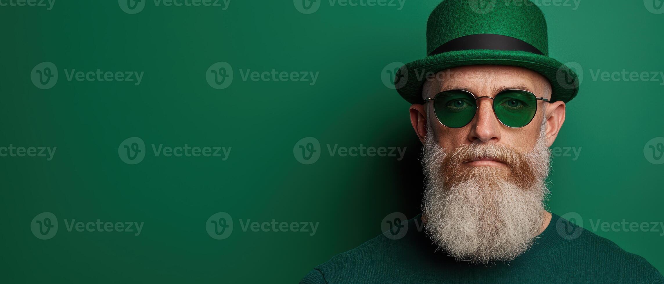 Close up portrait of a man with a long white beard wearing a green hat and sunglasses against a green background photo