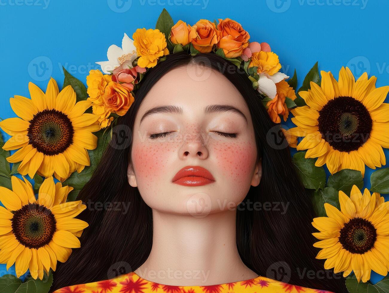 Beautiful woman with flowers in her hair and on her face photo