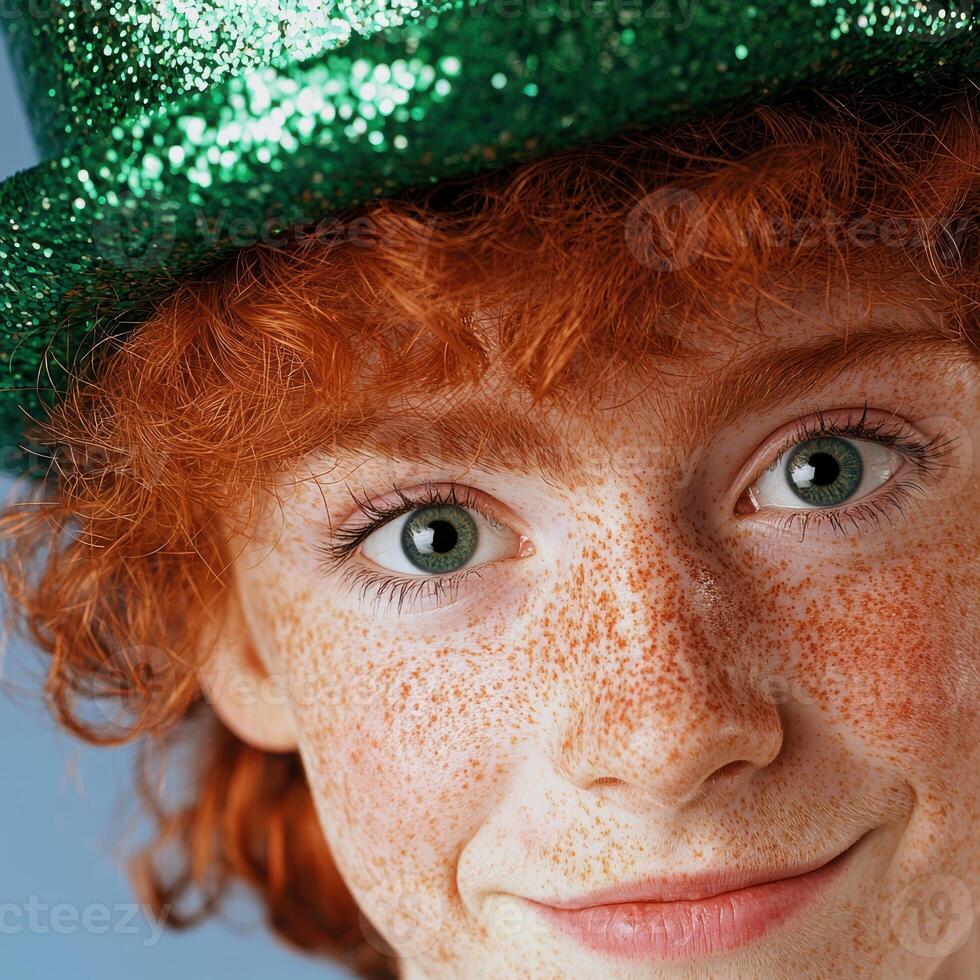 Close up portrait of a freckled redhead child wearing a green sparkly hat photo