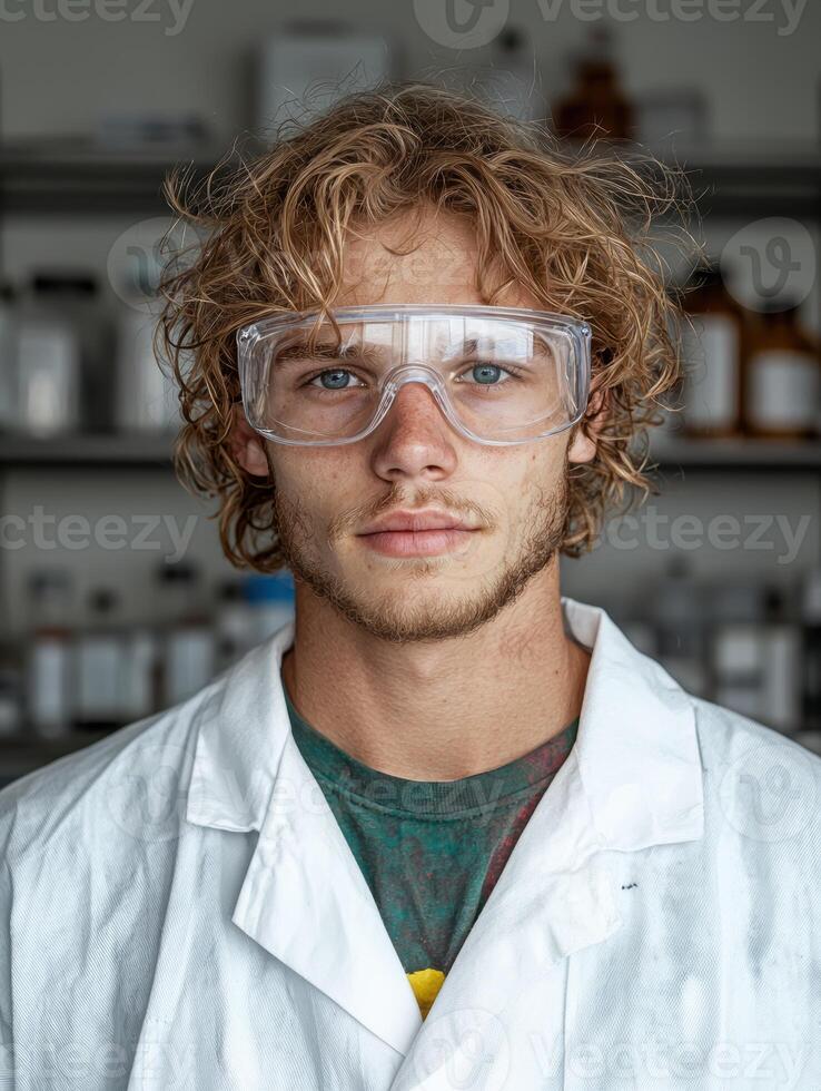 Young male scientist in lab coat and safety glasses photo