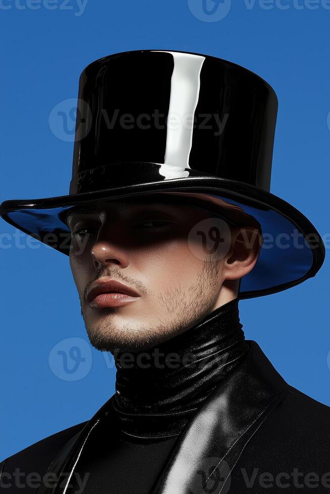 Mysterious man in black top hat and turtleneck photo