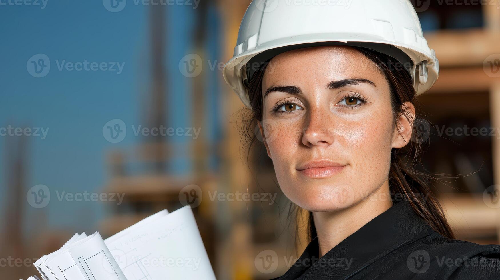 Confident female engineer reviewing blueprints on construction site photo