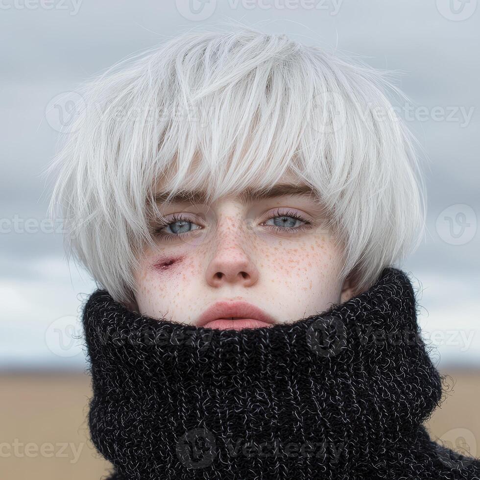 Androgynous young person with white hair and black turtleneck photo