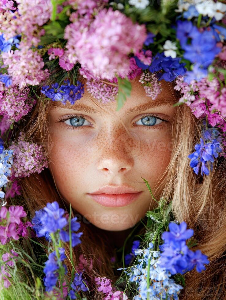 Beautiful girl with flower crown and freckles photo