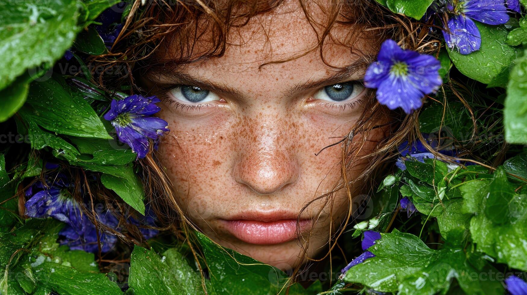 Close up portrait of a freckled redhead woman surrounded by lush green plants and purple flowers photo