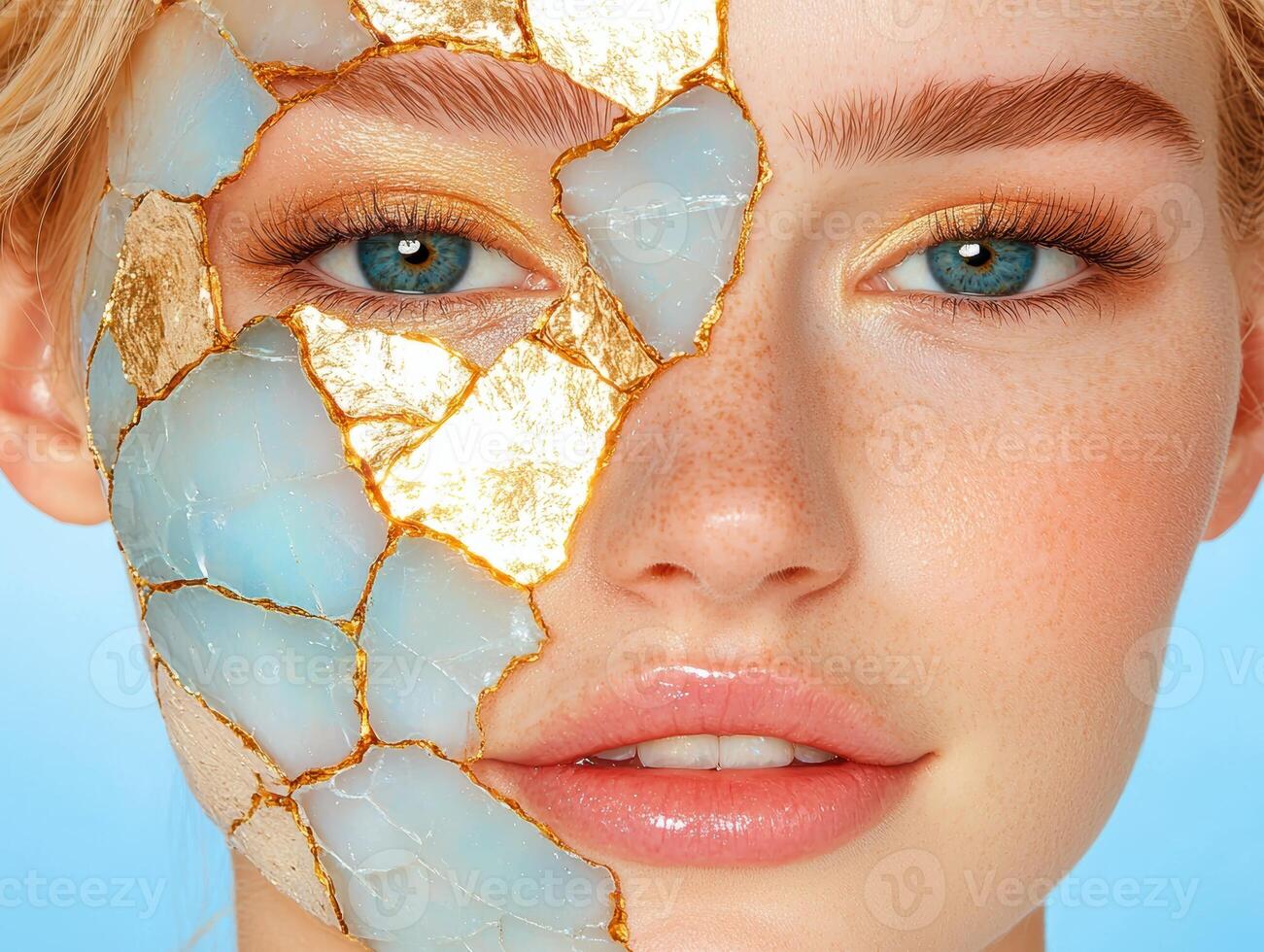 Close up of a womans face with a gold and blue face mask photo