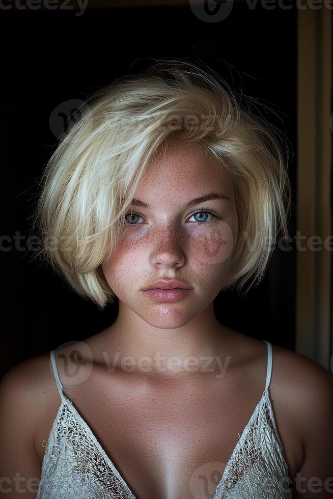 Close up portrait of a young woman with freckles and blonde hair photo