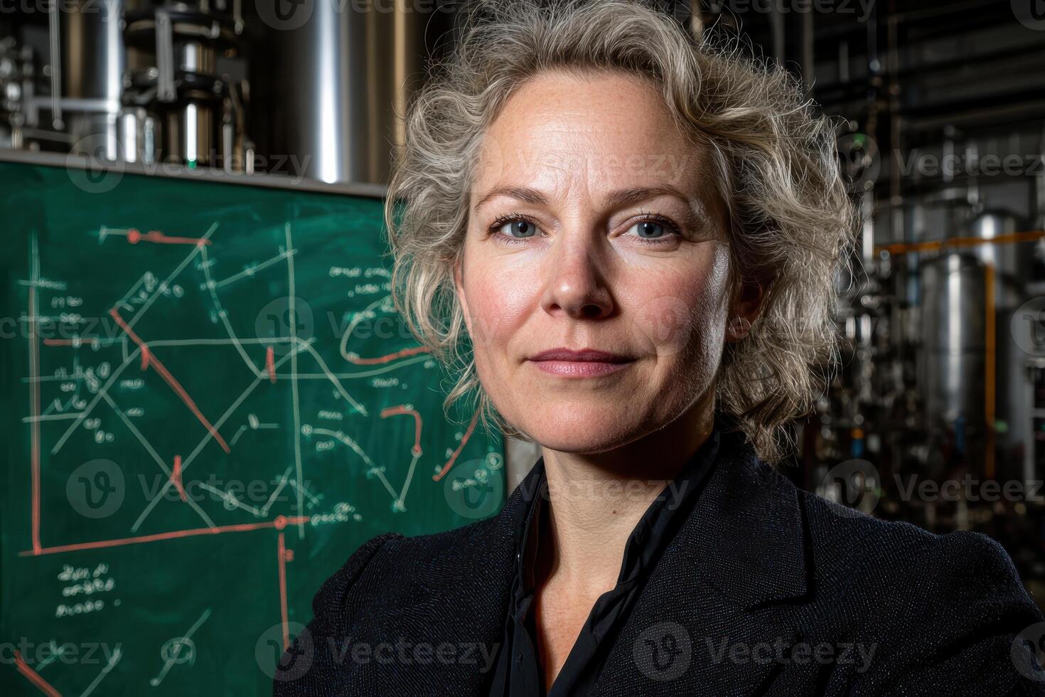 Portrait of a female scientist in a lab coat, looking directly at the camera photo