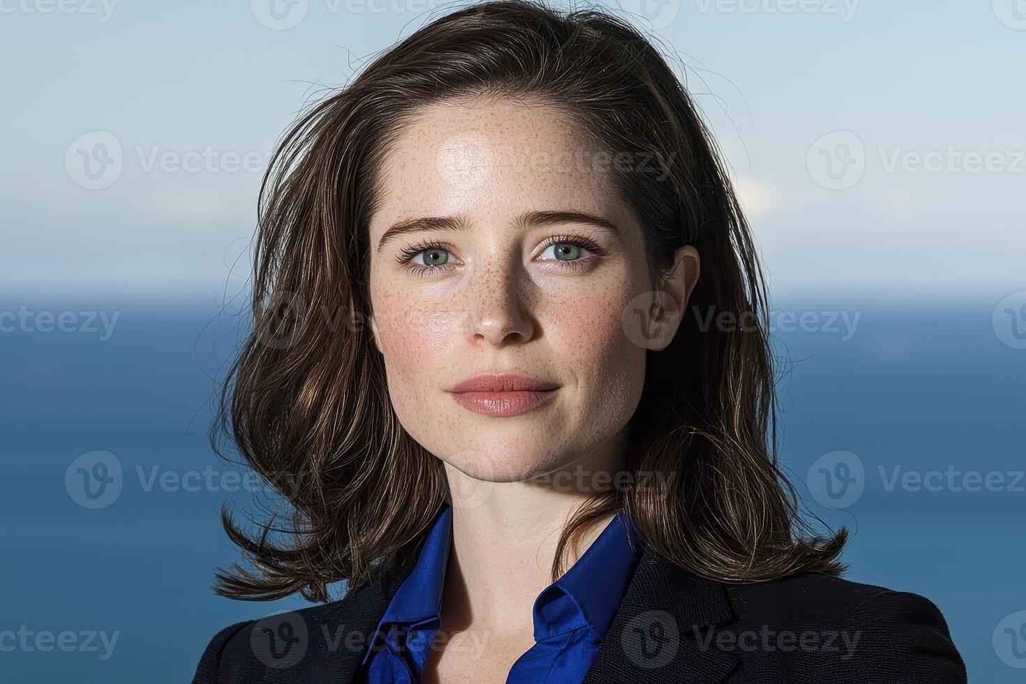 Portrait of a woman with freckles and blue eyes photo