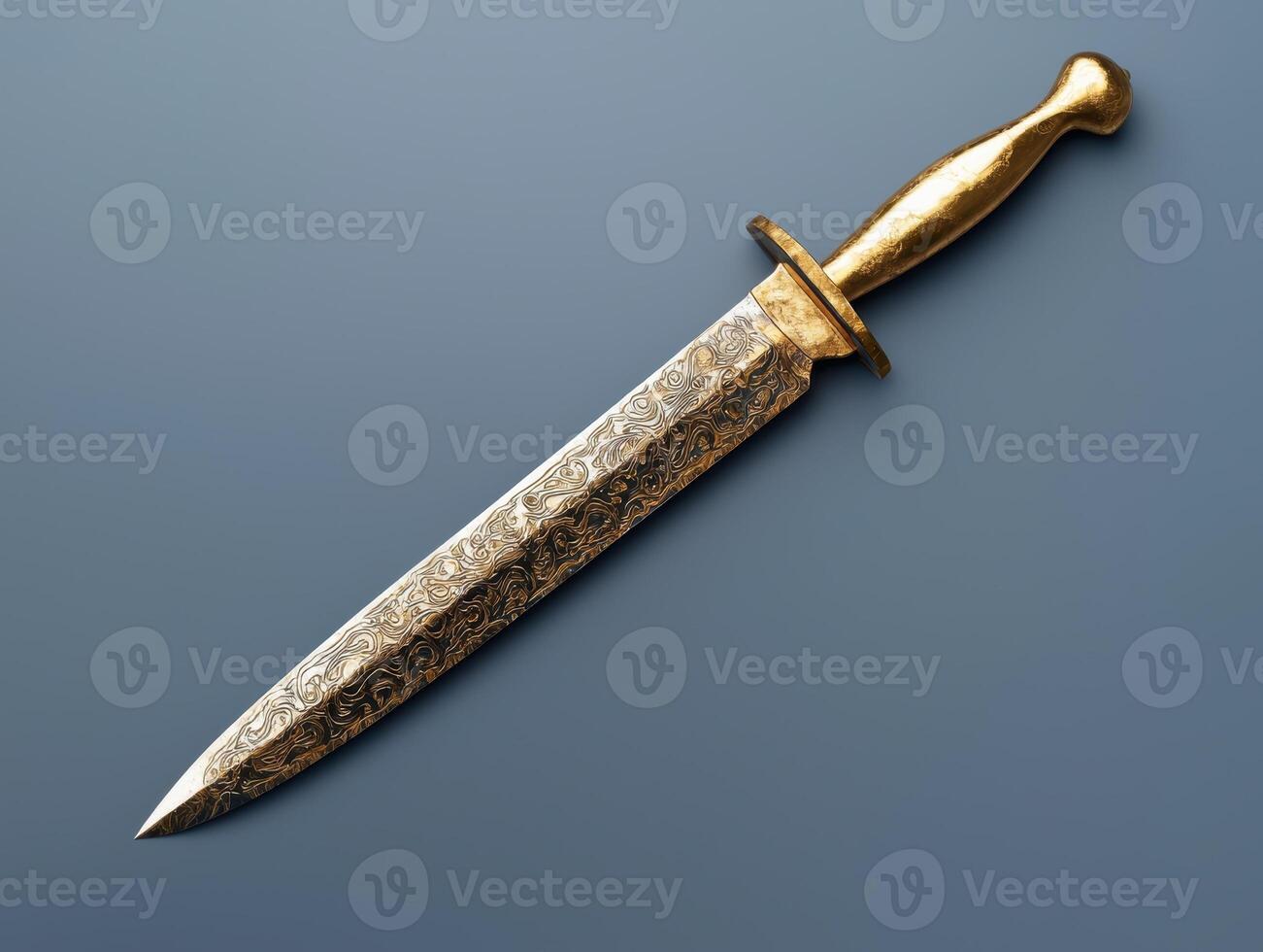 Ornate golden dagger with intricate carvings on a gray background photo