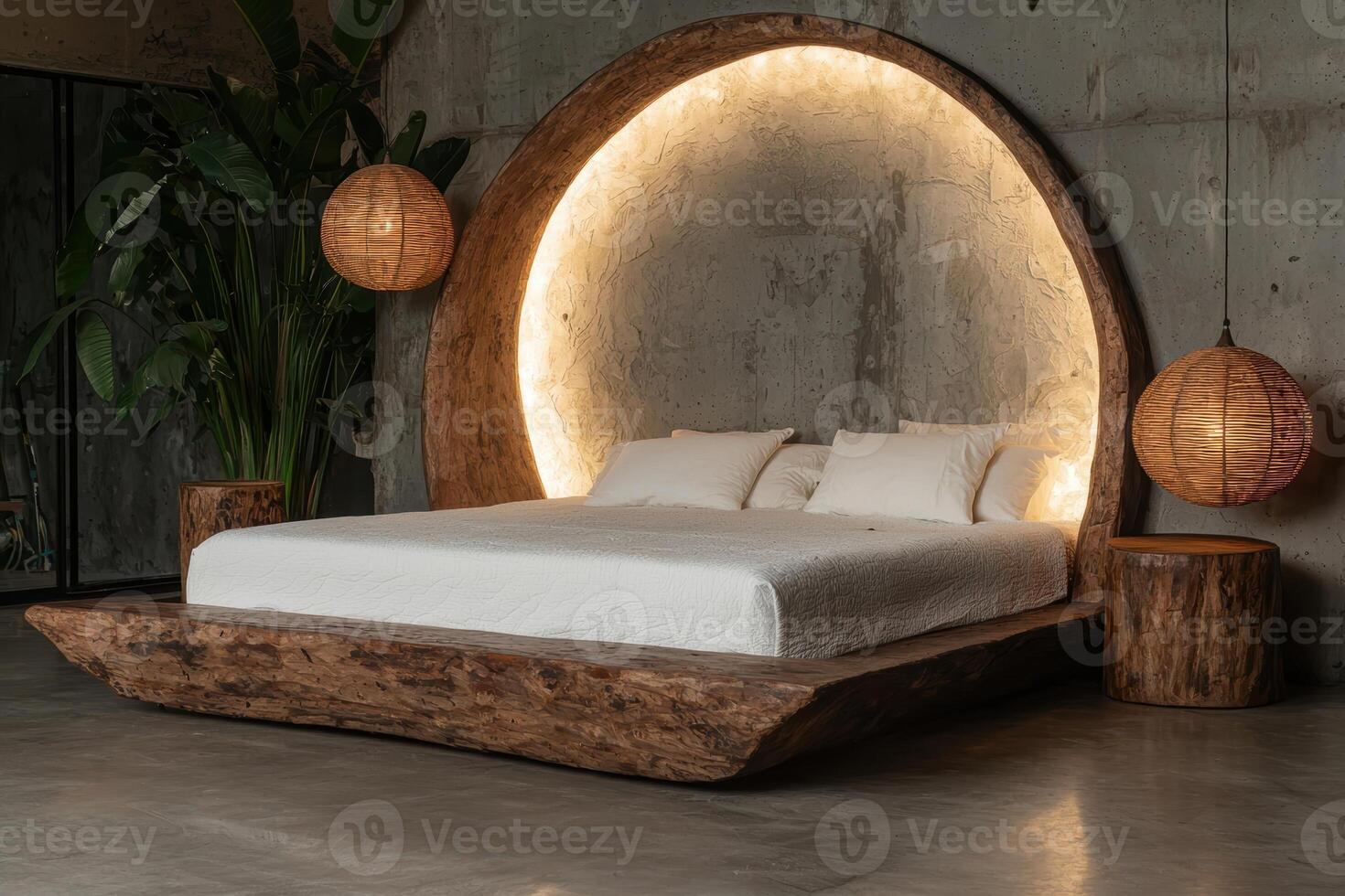 Luxury wooden bed with round headboard and warm lighting in modern bedroom photo