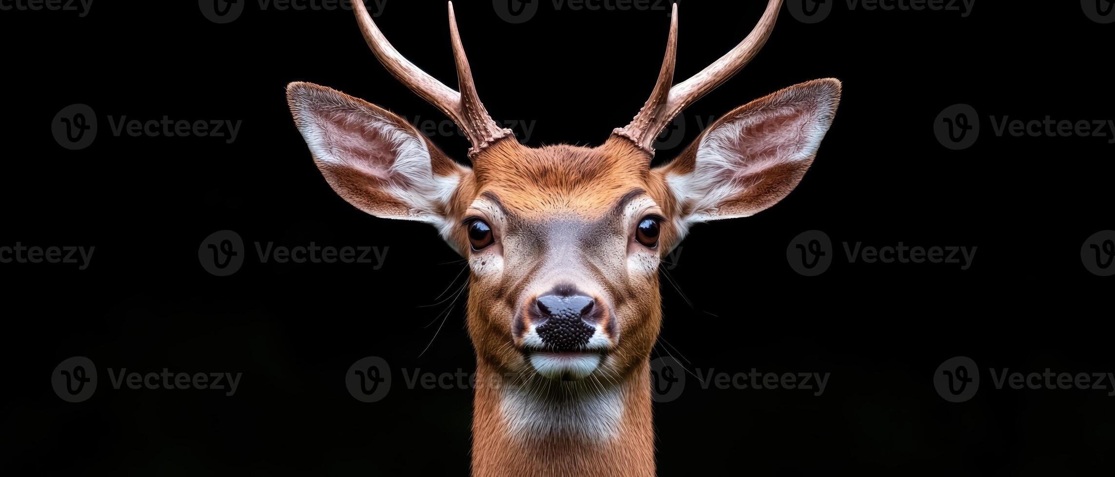 Close up portrait of a young deer with antlers against a black background photo