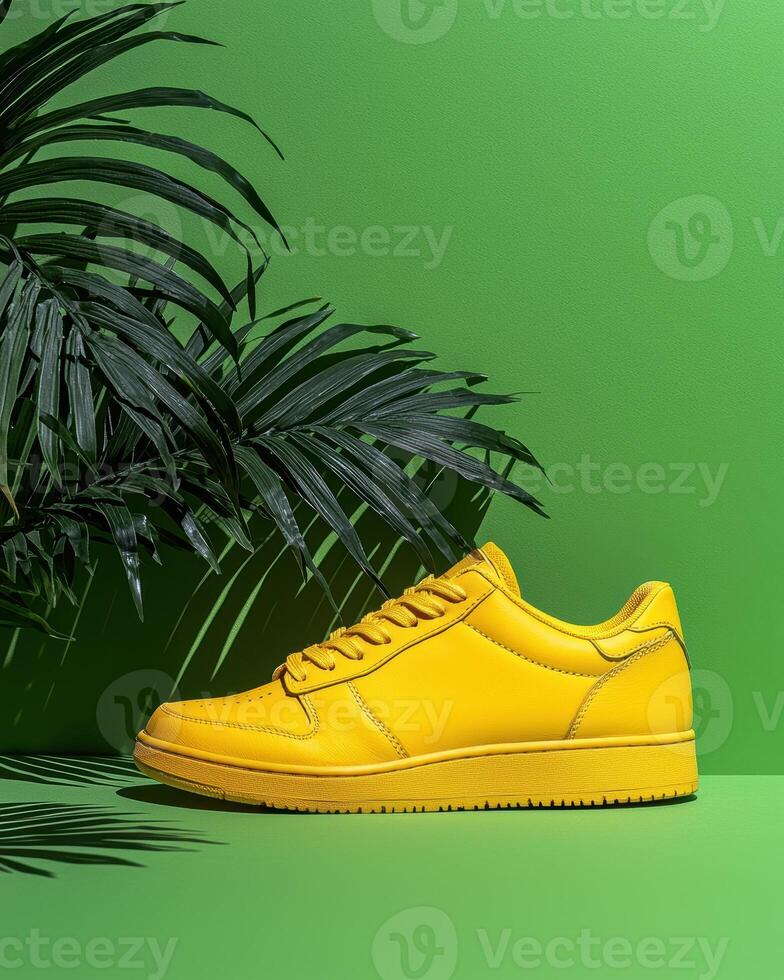 Stylish yellow sneakers on green background with tropical leaves photo