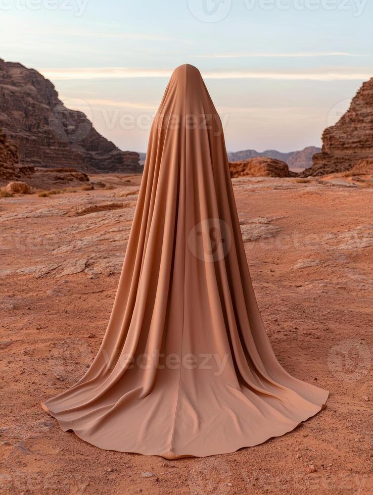 Mysterious figure in flowing robe stands in desert landscape photo