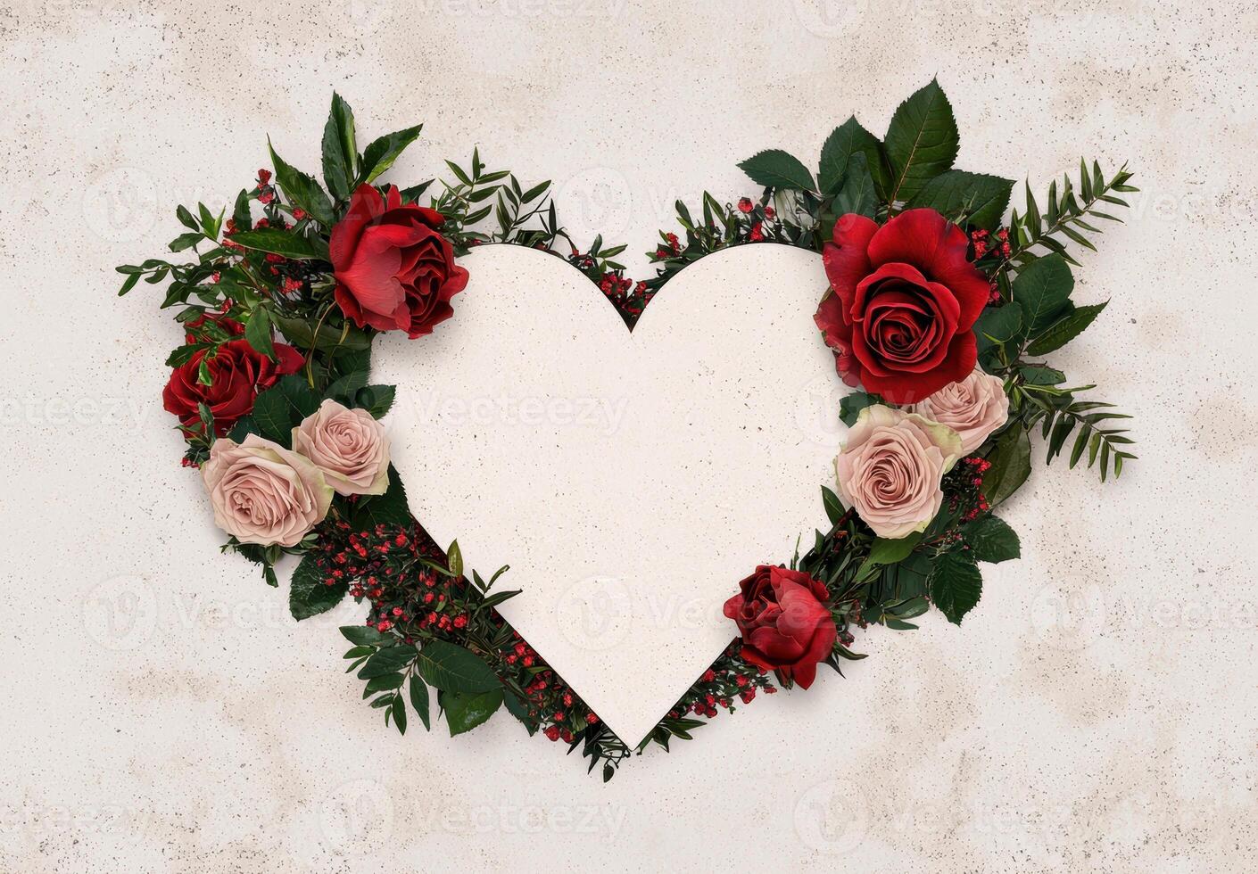 Heart shaped frame of red and blush roses and greenery photo