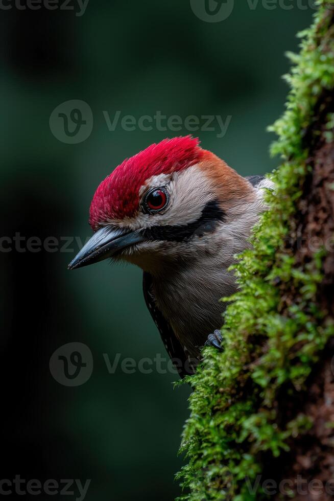Close up of a woodpecker perched on a moss covered tree photo