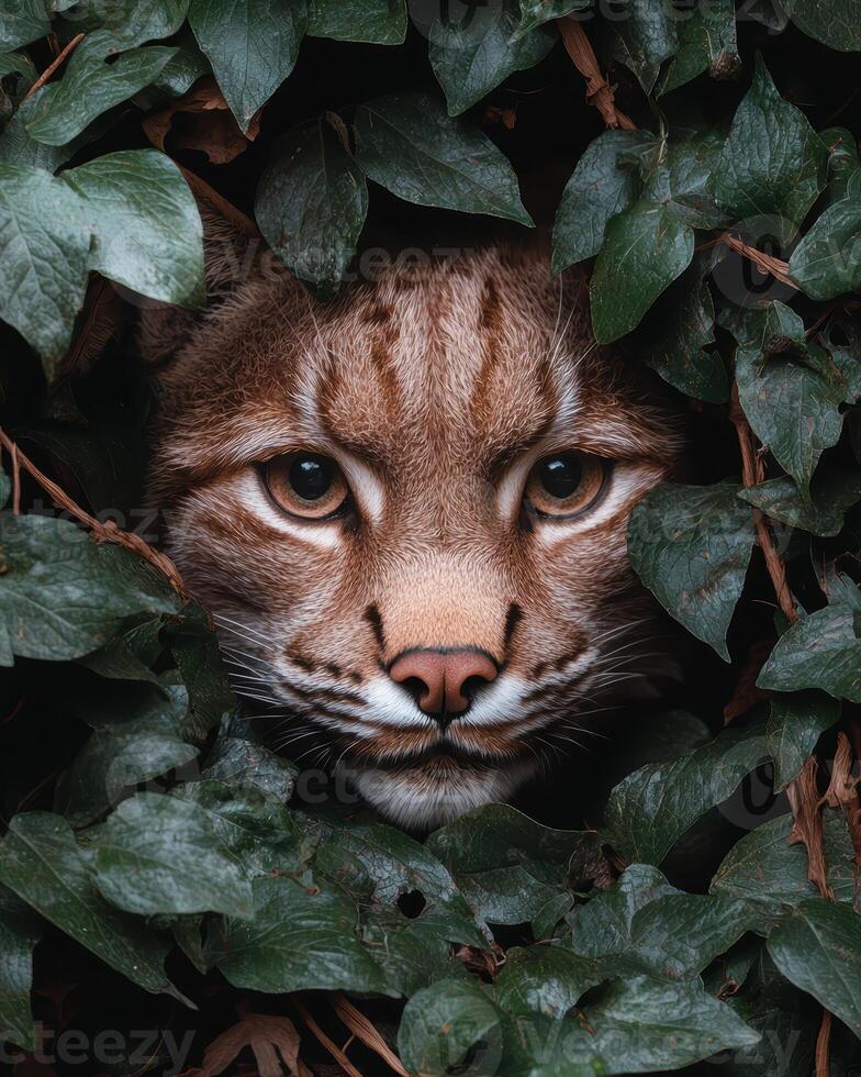 Close up of a lynx hidden in green leaves photo