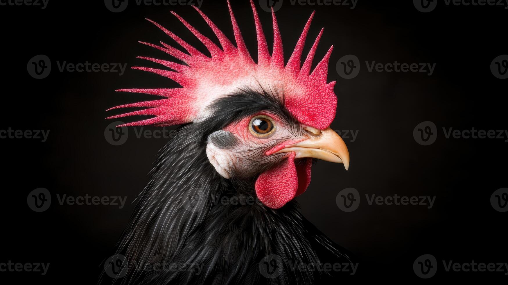 Close up profile of a black rooster with a vibrant red crest photo