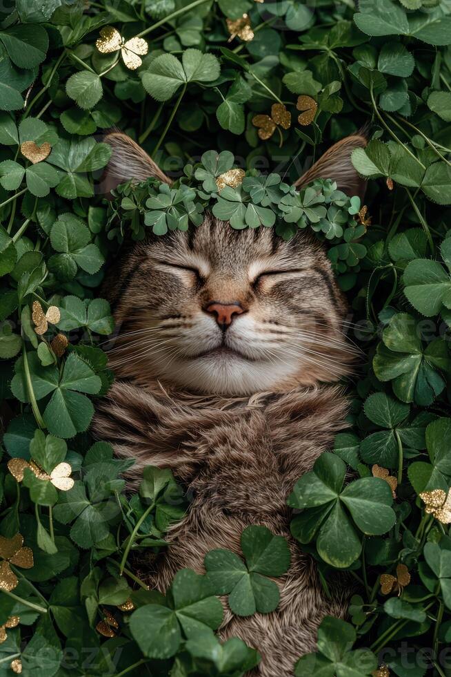 Happy tabby cat sleeping in shamrocks for St Patricks Day photo