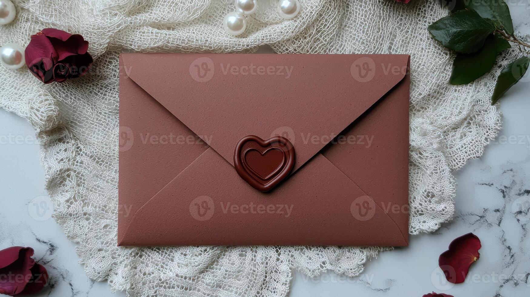 Romantic red envelope with heart wax seal on lace background photo