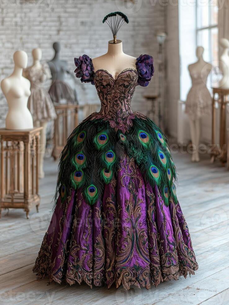 Luxury peacock feather gown on mannequin in a studio setting photo